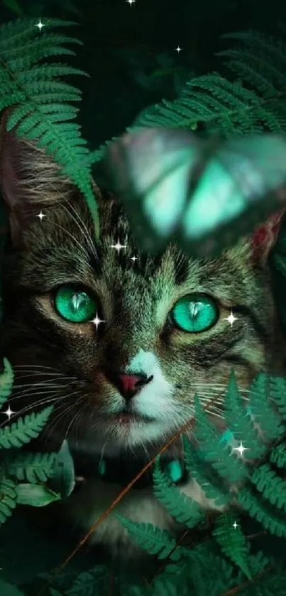 A mystical cat hidden among lush green ferns with teal eyes and a butterfly.