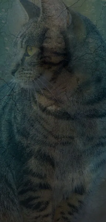 Mystical tabby cat with a forest backdrop on mobile wallpaper.