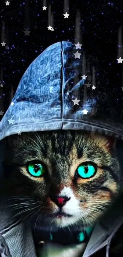 Mystical hooded cat with green eyes on starry background.