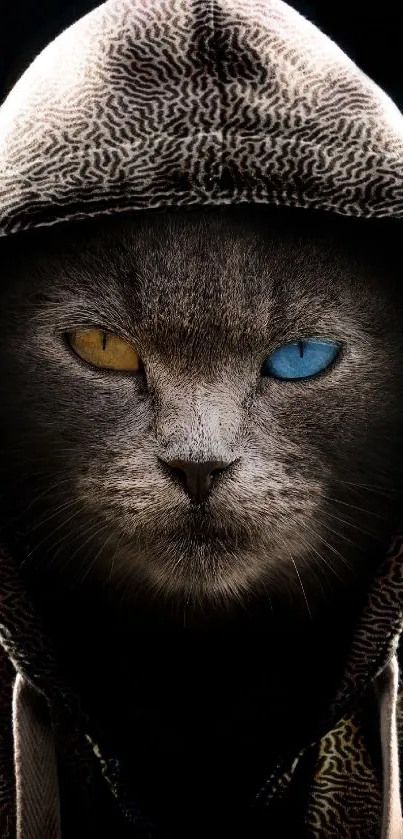 Mystical cat with vibrant eyes in a hoodie on dark background.