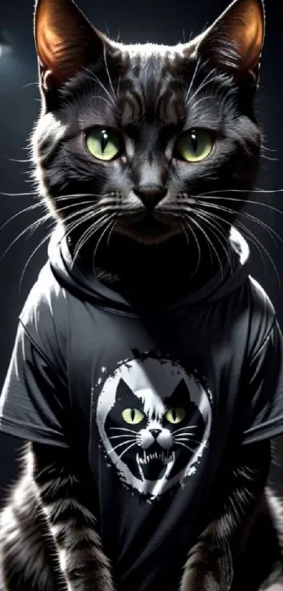 Black cat in hoodie with green eyes, artistic phone wallpaper.