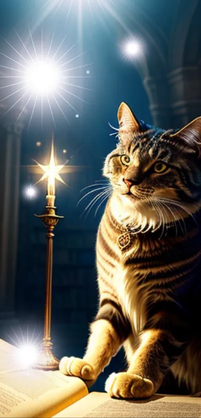 Mystical cat by candlelight in a library.