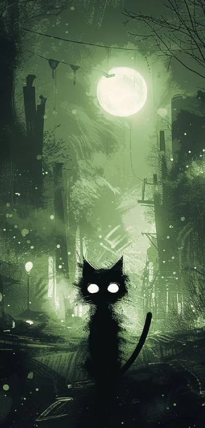 Mystical black cat in a moonlit, dark green forest wallpaper.