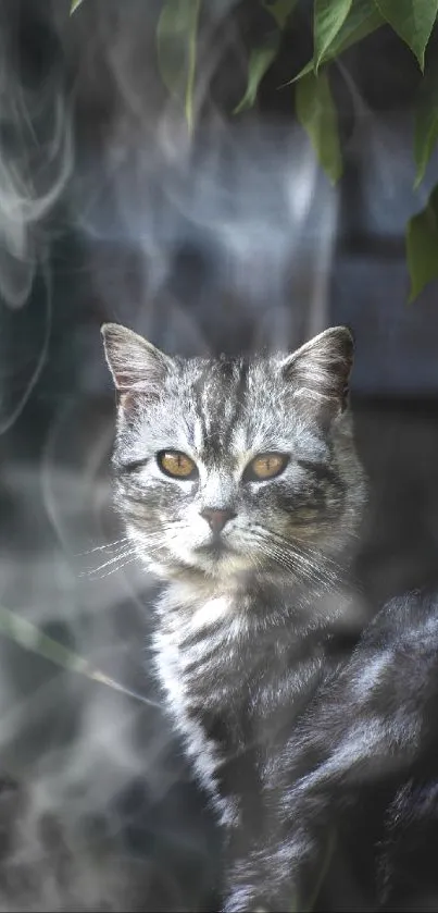 Gray tabby cat in a misty nature setting with leaves.