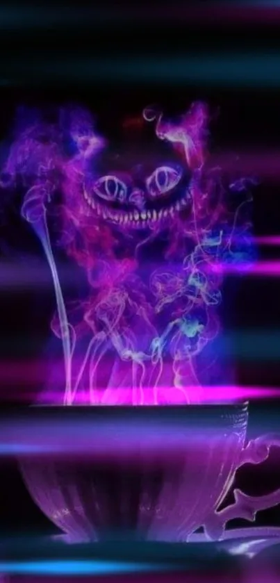 Neon mystical cat emerging from a teacup in vibrant purple light.