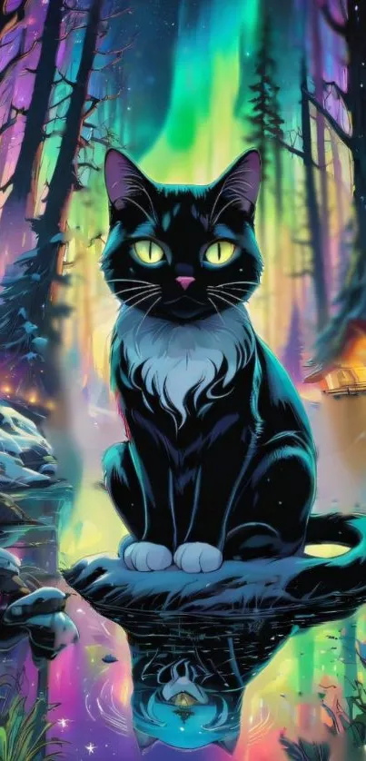 Mystical black cat under vibrant aurora lights in a fantasy forest setting.