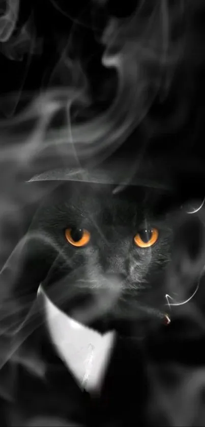 Enigmatic black cat with glowing eyes surrounded by artistic smoke design.