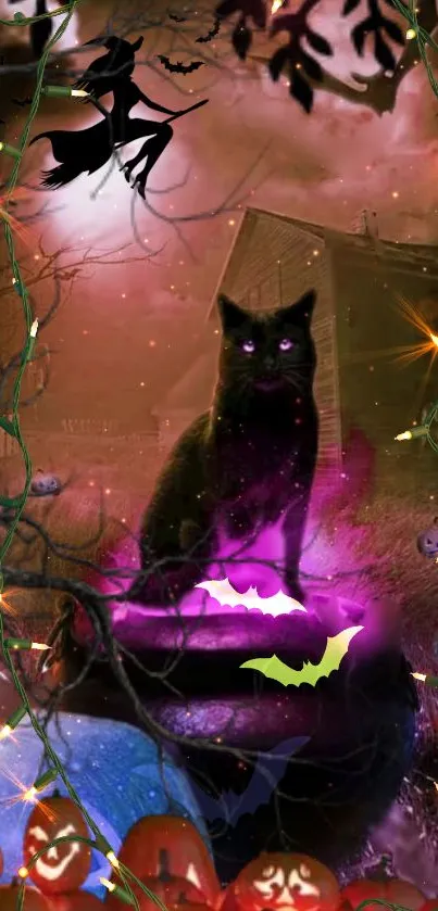 Black cat by a glowing purple cauldron under a spooky Halloween sky.