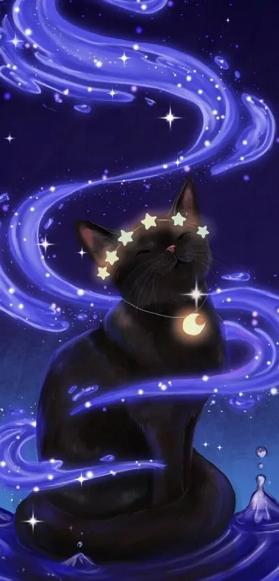 Black cat with glowing stars and swirling blue lights on a dark background.