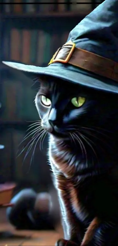 Black cat wearing a wizard hat in a mystical setting.