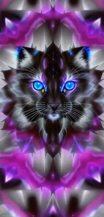 Abstract mystical cat kaleidoscope wallpaper with vibrant colors.