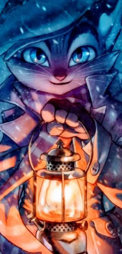 Mystical cat holding a lantern with glowing blue and orange hues.