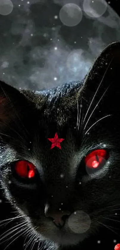 Black cat with red eyes in front of a full moon.