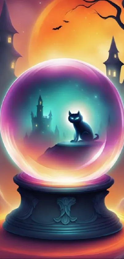 Mystical cat in a glowing magic ball with a Halloween castle backdrop.