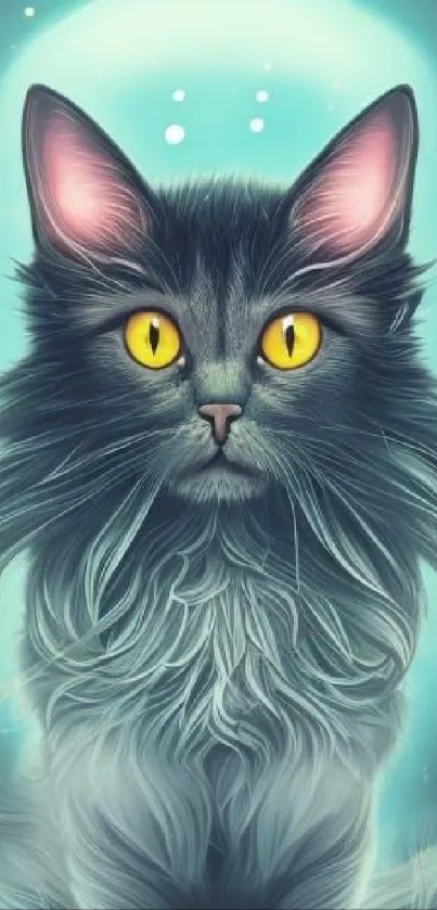 Mystical cat with glowing eyes on a blue background, perfect for mobile wallpaper.