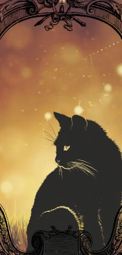 Silhouette of a cat with a golden magical background and ornate frame.