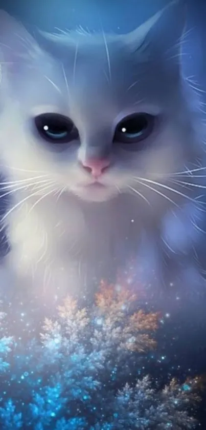 Mystical blue-themed cat wallpaper for mobile.