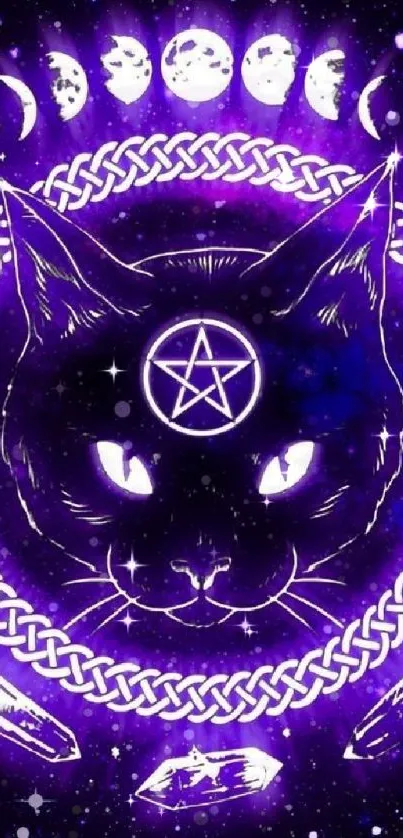 Mystical cat with cosmic elements and vibrant purple aura.