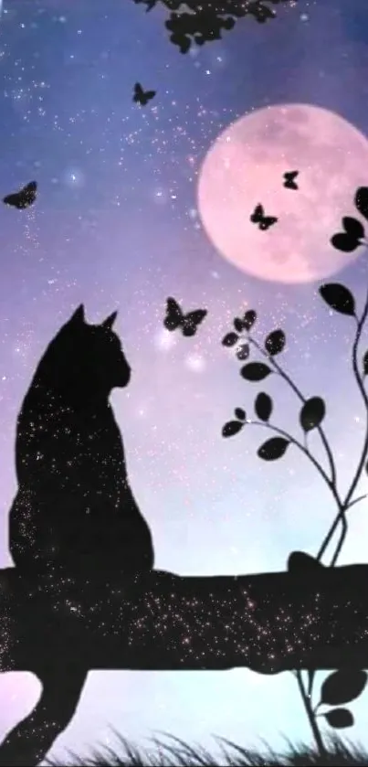 A silhouette of a cat on a branch against a purple moonlit sky with butterflies.