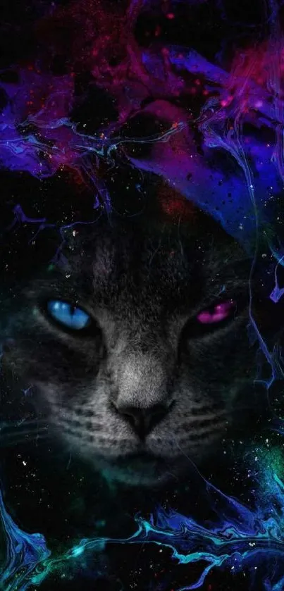 Mystical cat with vibrant cosmic nebula background.