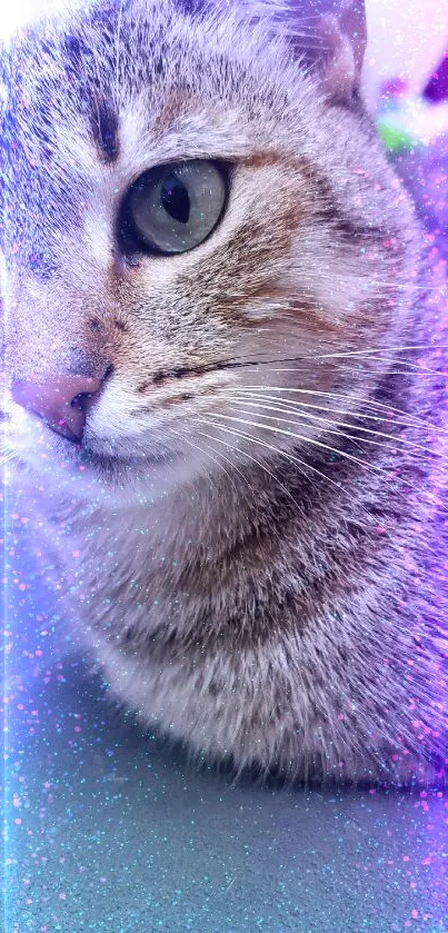 Mystical cat with neon glow and sparkles wallpaper.