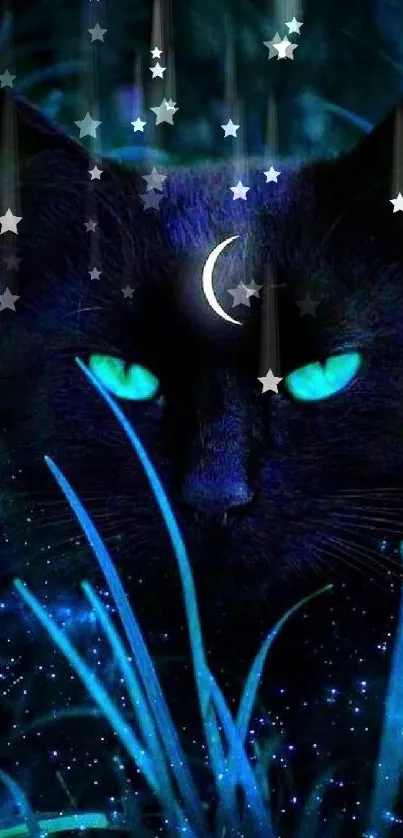 Mystical black cat with glowing green eyes in a dark night setting.