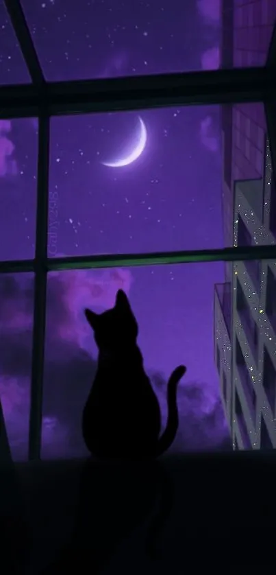 Silhouette of a cat with a crescent moon in a purple night sky through a window.