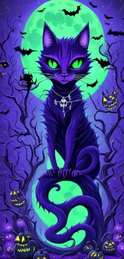 Mystical cat in a moonlit forest with pumpkins and bats.