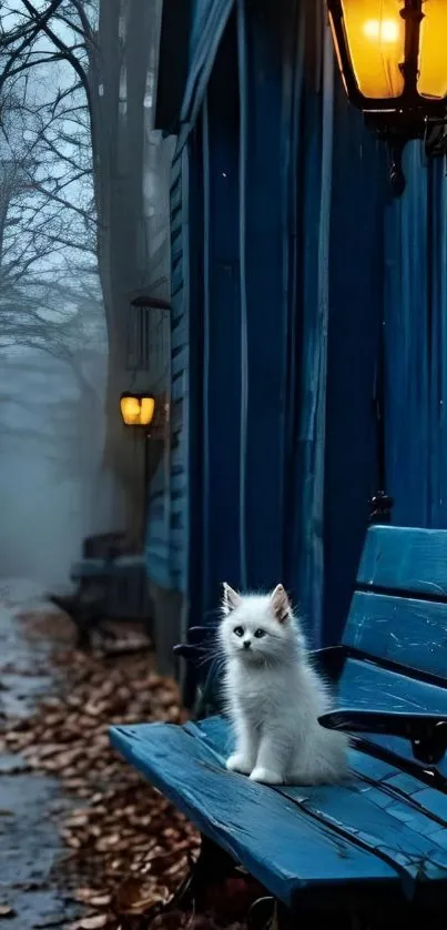 White cat on a blue bench in a foggy setting.