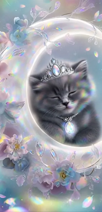Regal cat on crescent moon with floral accents.