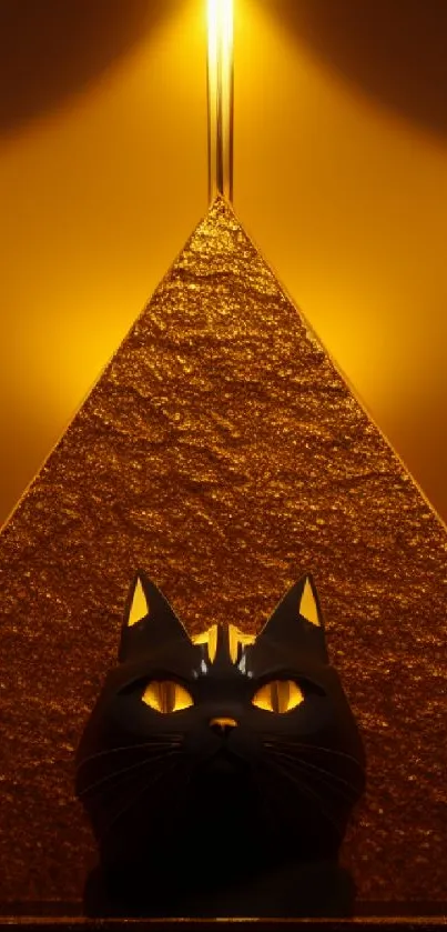 Dark cat silhouette in front of glowing golden pyramid, creating a mystical wallpaper.