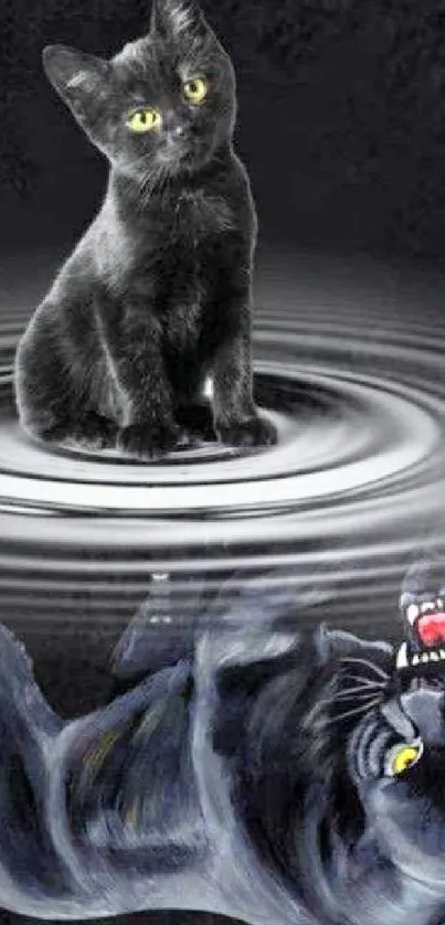 Black cat with a panther reflection under rippling water.