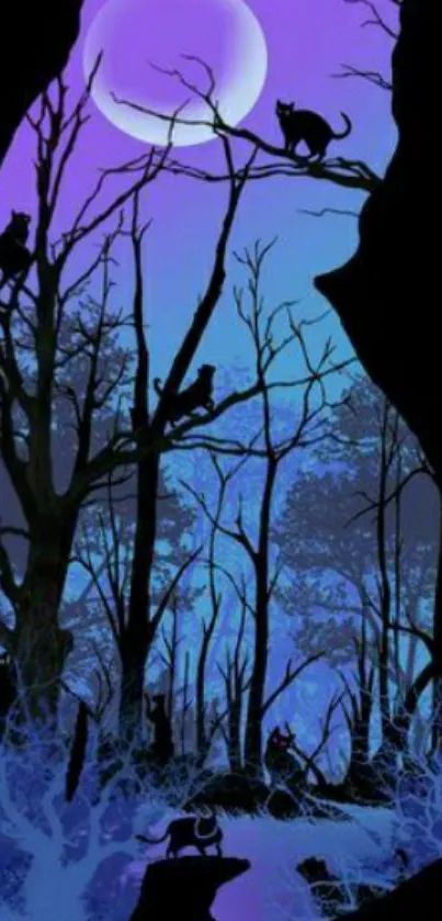 Mystical cat silhouette with moonlit forest scene in purple hues.