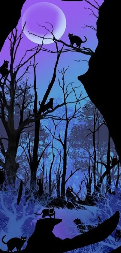 Cat-shaped silhouette with mystical purple and blue forest scene.