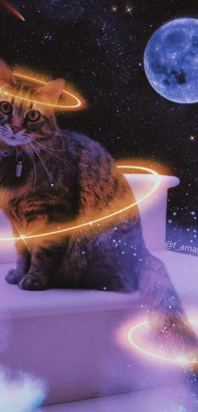 Cosmic cat with glowing rings in a galaxy setting, ideal for mobile wallpaper.