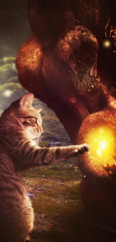 A curious cat touches a glowing magical orb in a mystical forest setting.