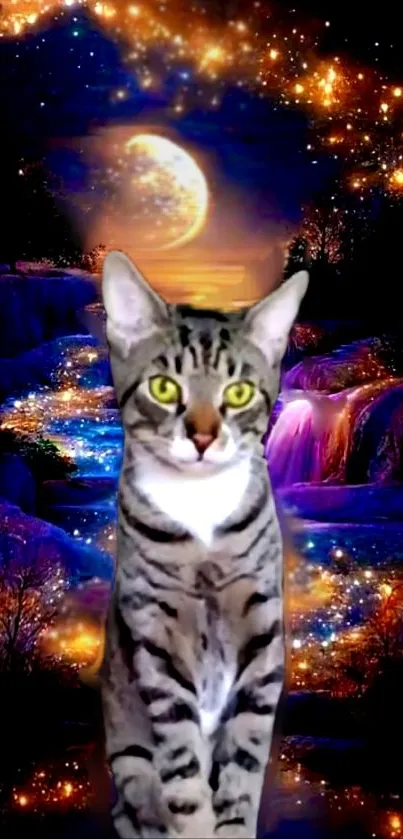 Cat under a cosmic sky with moon and waterfalls.