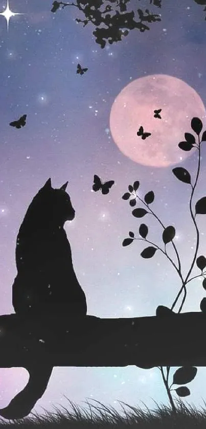 Mystical wallpaper with cat under pink moonlit sky and butterflies.