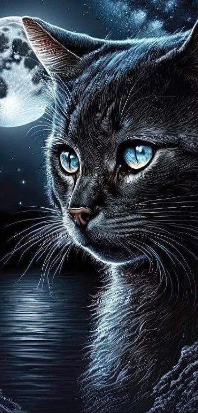 Mystical cat with blue eyes under a moonlit night sky.