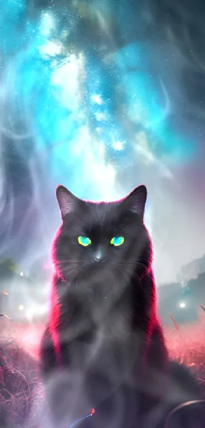 Mystical black cat with glowing eyes under a cosmic night sky.