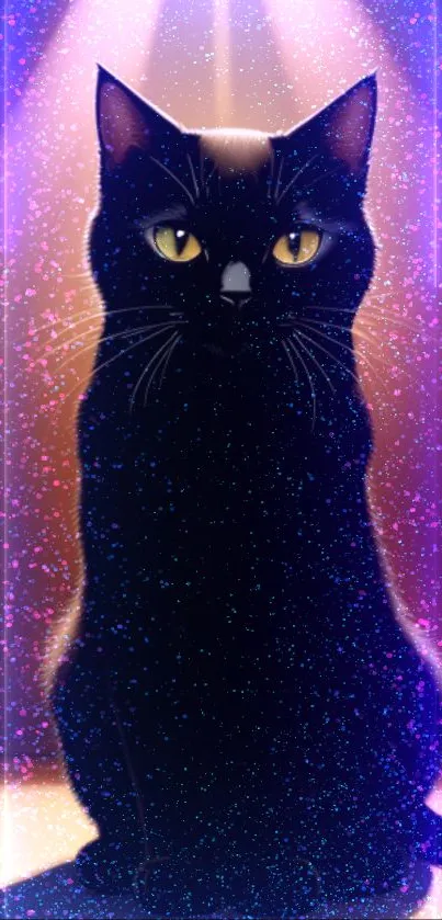 Black cat under purple and pink neon lights with glittering effects.