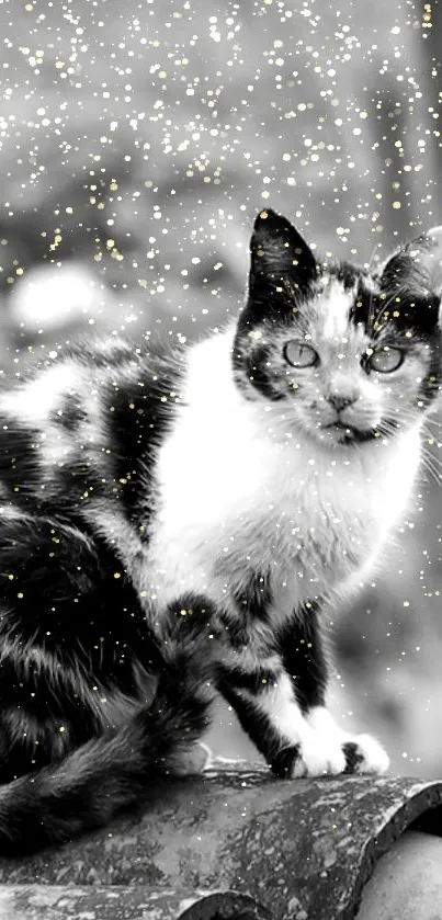 Black and white cat sitting amid falling snowflakes.