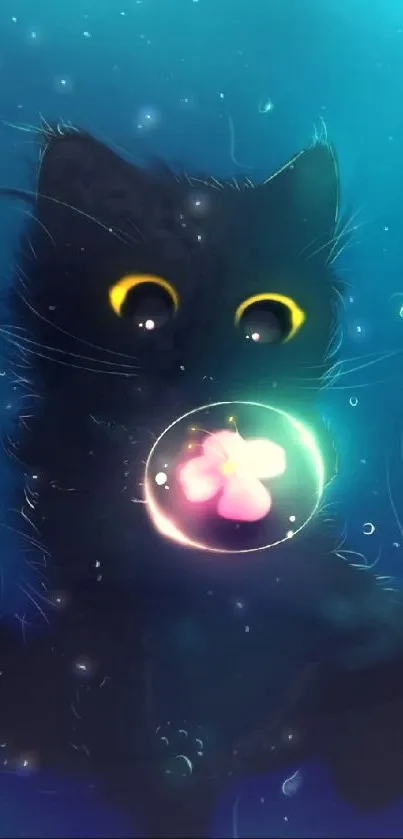 Black cat with glowing eyes underwater, surrounded by bubbles.