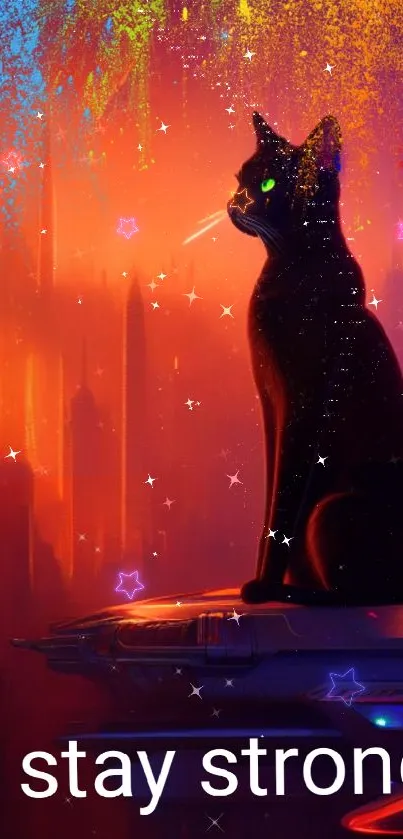 Mystical cat sits on futuristic skyline with 'stay strong' text.