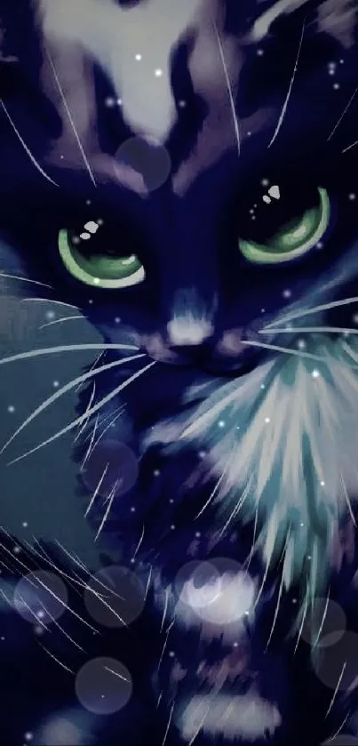 Enchanting cat with green eyes and dark fur in a mystical wallpaper design.