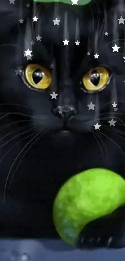 Mystical black cat holding a glowing green ball under starry night.