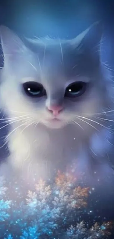 Mystical white cat in a dreamy blue aura.