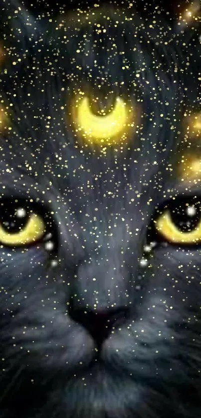 Mystical cat with glowing yellow eyes and starry pattern on black background.