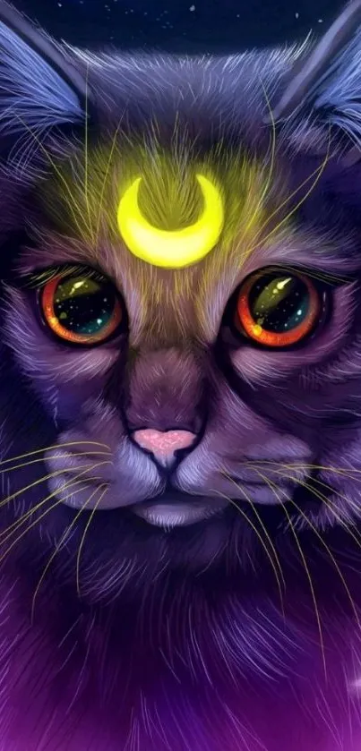 Mystical cat with cosmic eyes and glowing moon on purple background.