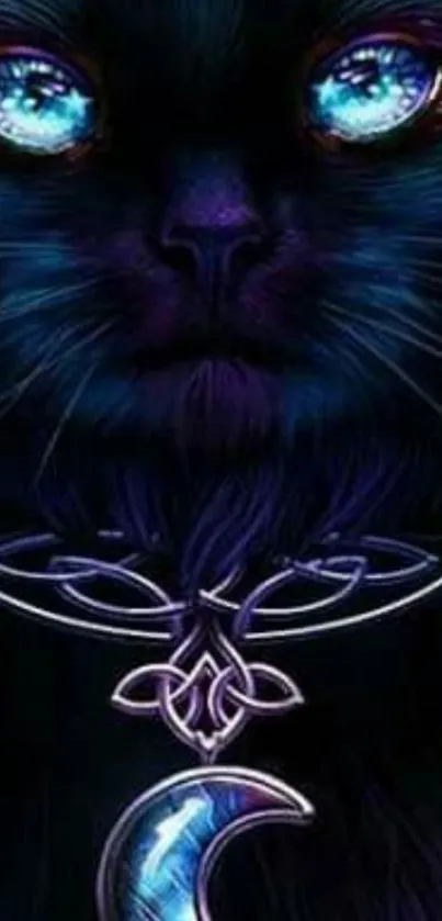 Mystical cat with glowing blue eyes and crescent moon design.